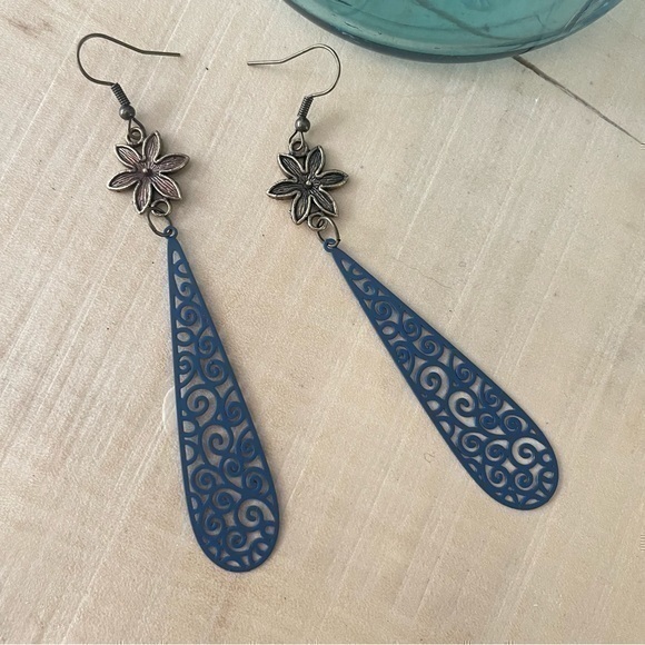 Hand Crafted Jewelry - 2/$29 Handmade NWT Long Boho Statement Earrings 4” Flower & Blue Mixed Metal